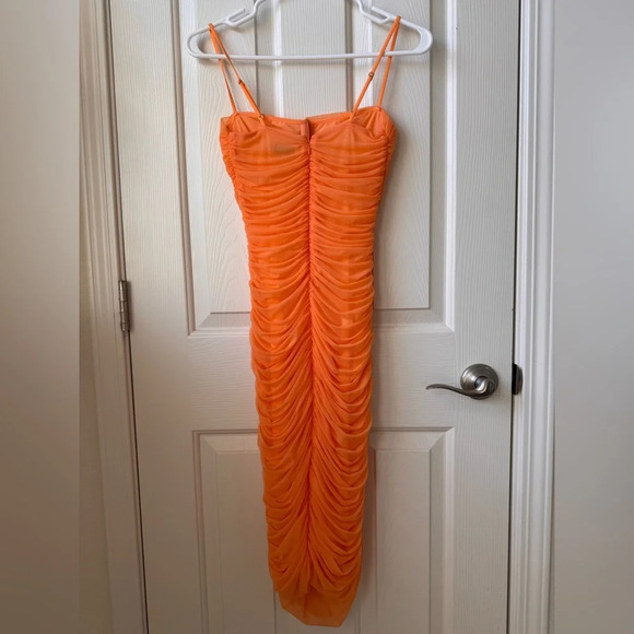 Aritzia Babaton Luxor Ruched Dress Bodycon spaghetti strap square neck orange 2 - Picture 9 of 14